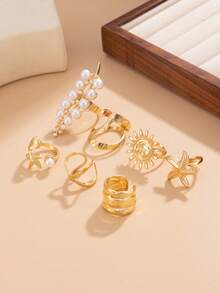 Set de 7 anillos con formas geométricas asimétricas, perlas falsas, estrellas de mar y soles, de estilo ligero y lujoso, para moda casual, estilo callejero, vacaciones, bodas, citas, cumpleaños de mujer, festividades, un regalo de joyería versátil