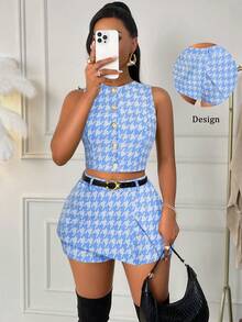 Amarilo Women's 2 Pieces Plaid Elegant Sexy Front Button Zipper Beach/Office/Party Dress Set, Spring/Autumn/Winter