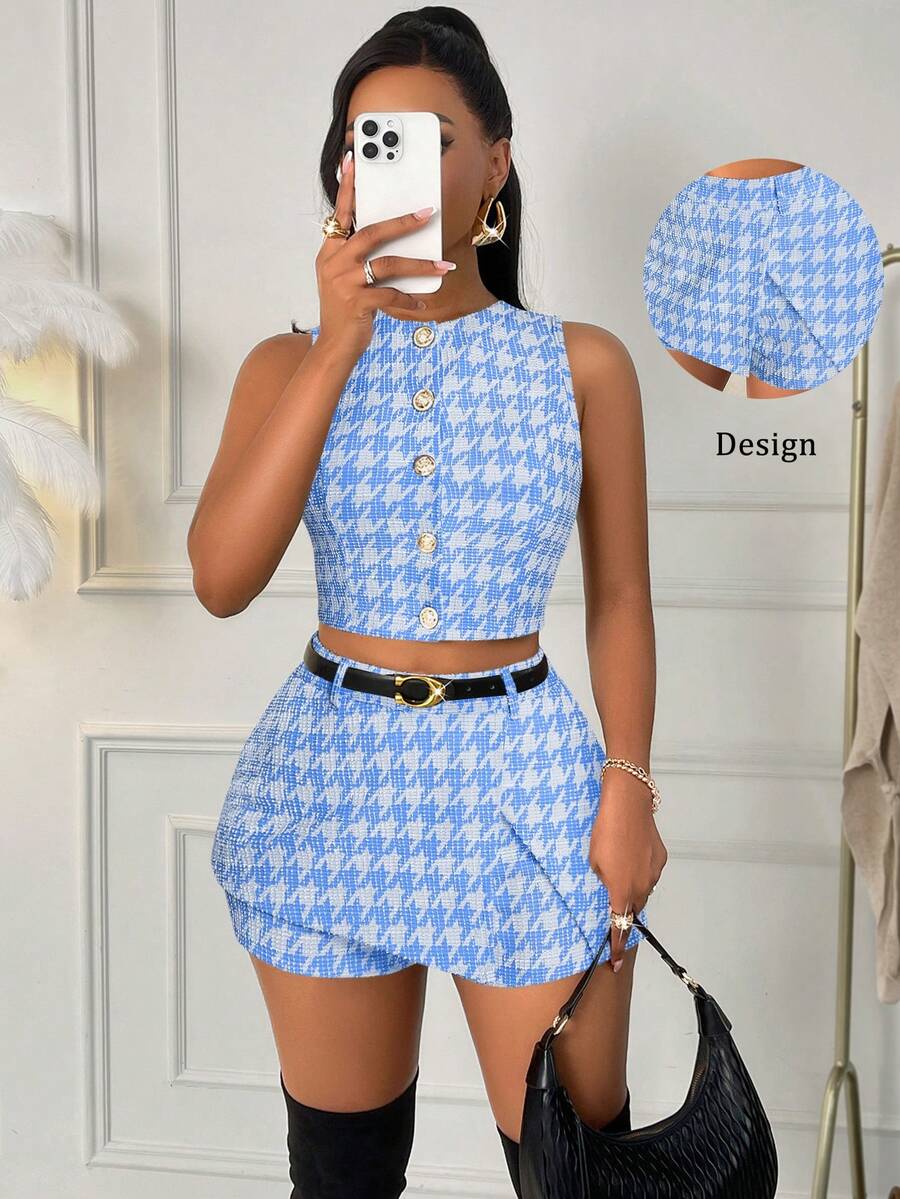 Amarilo Women's 2 Pieces Plaid Elegant Sexy Front Button Zipper Beach/Office/Party Dress Set, Spring/Autumn/Winter