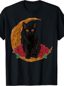 Black Cat Yellow Eyes Kitten Crescent Moon And Rose Cats T-Shirt - 款式4 - 查看 1