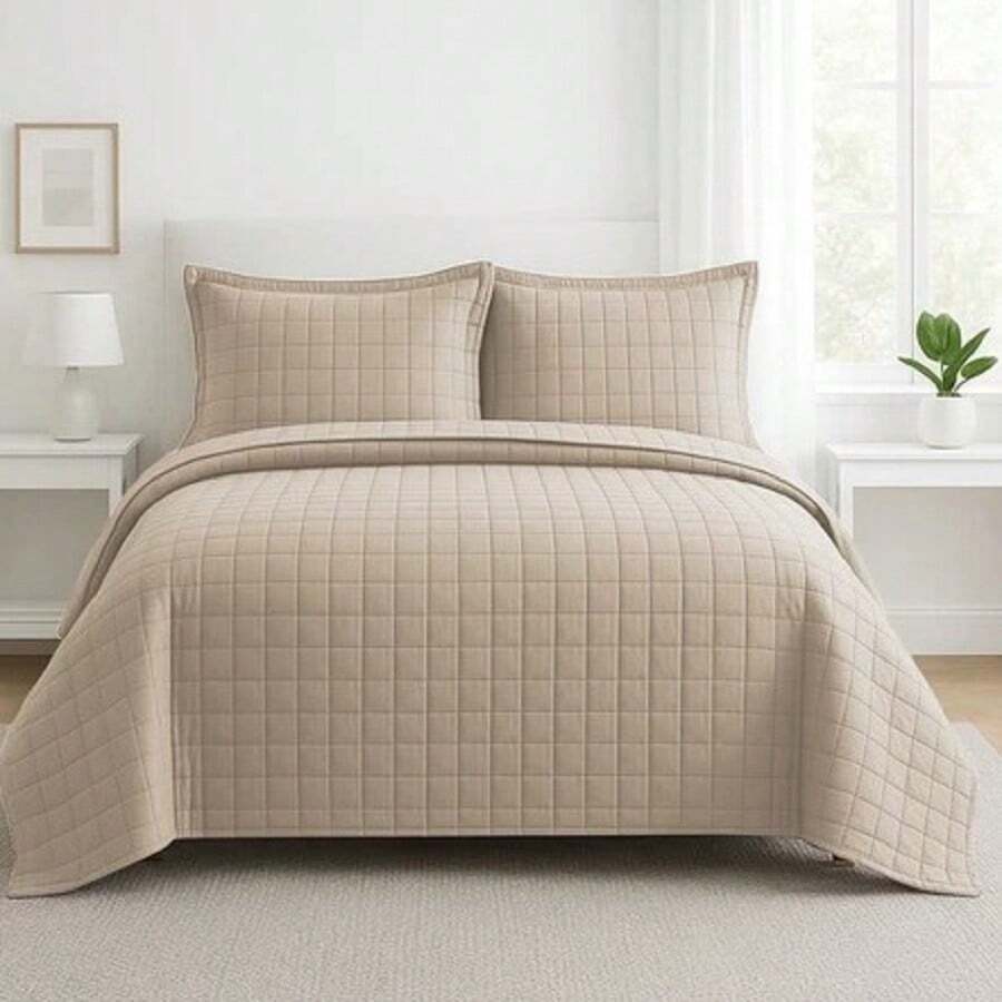 Kit Cobre Leito ATHENAS 3 Peças Casal Queen Dupla Face 400 FIOS Micropercal Toque de Algodão - Bege - Visão 1