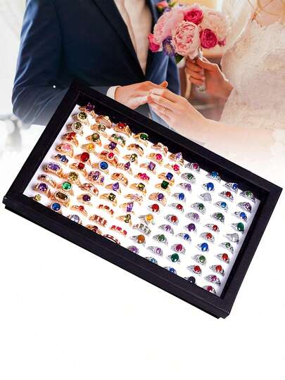 1pc,100 Slots Jewelry Ring Display Box, Large Capacity Organizer, Tray Holder Earrings Storage Showcase ,Dustproof Transparent Storage Box ,With Clear Lid For Studs, Earrings,For Multiple Rings, Ideal For Drawer Storage & Display