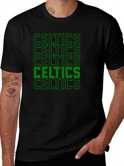 Camiseta de manga corta divertida para hombre de los Celtics con diseño de logotipo verde neón y texto repetitivo sobre fondo negro.