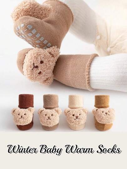 1/2/4 Pairs Cartoon Newborn Baby Infant Thick Warm Anti-Slip Socks, Suitable For Crawling On Floor, Autumn/Winter
