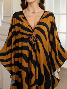 Women's Fashion Zebra Print V-Neck Batwing Sleeve Long Robe, With Slit Design, Woven Fabric, Elegant Kaftan Robe Vacation Spring - Brown - View 3