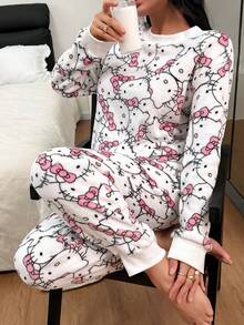 Sanrio Women's 2 Pieces  Warm Long Sleeve Top And Pants Pajama Set, Elegant Romantic Luxurious Charming Casual Cute Plush Warm Autumn/Winter, Cozy Clothes - White - View 4