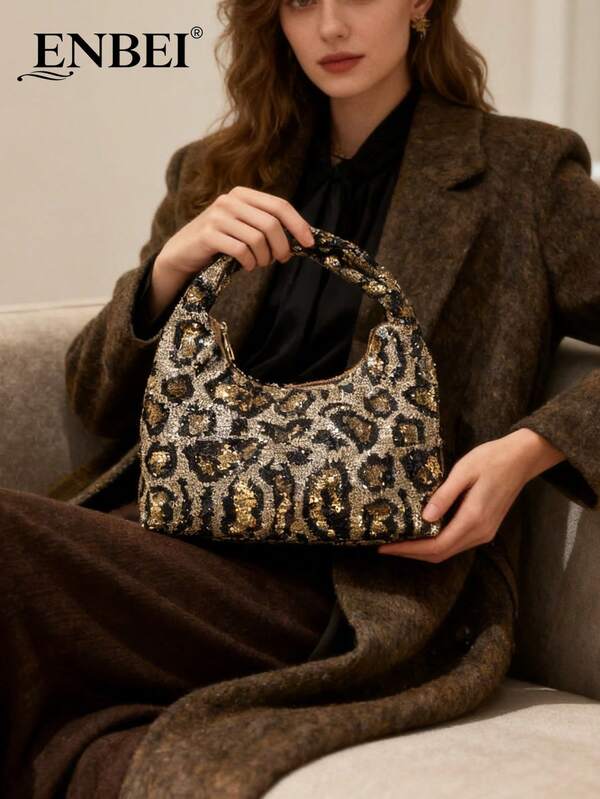 ENBEI Mini Cute Y2K Sequin Leopard Shoulder Bag For Women, Underarm Purse With Zipper, Lightweight Crescent Hand Bag, Bridal Party Clutch Bag For Women,Prom Bag,Women's Handbags, Travel Bags, Convenient, Portable, Travel Essentials, Suitable For Commuting, Traveling, Shopping, Perfect Match With Autumn Clothing, Christmas And Birthday Gifts