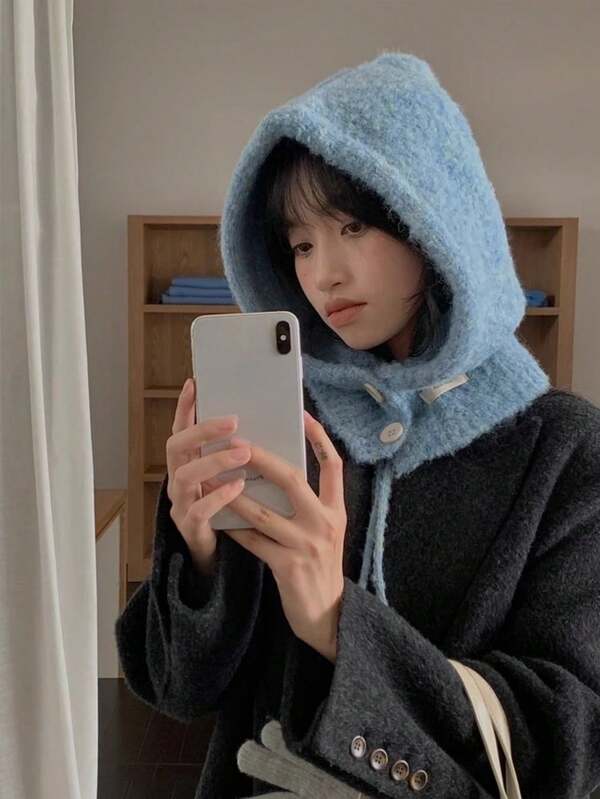 Conjunto de gorro e cachecol balaclava estilo coreano para mulheres, proteção para orelhas, gorro de malha, aquecedor de pescoço, outono/inverno