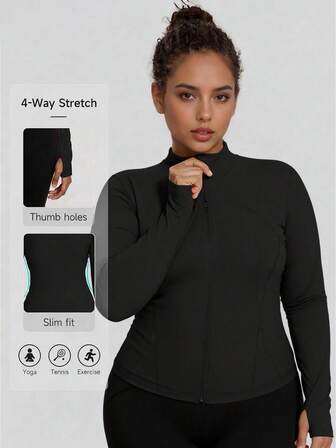 Hochelastische, schnelltrocknende Yogajacke für Damen, langärmlig, Stehkragen, schmal geschnitten, mit Reißverschluss, für Fitness und Lässig in allen Jahreszeiten, maschinenwaschbar, Stoffdesign