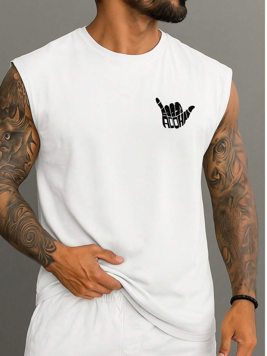 POLARBEAR Men's Sleeveless Basic Printed Tank Top HANG LOOSE OVERSIZED Summer - 白色 - 查看 1