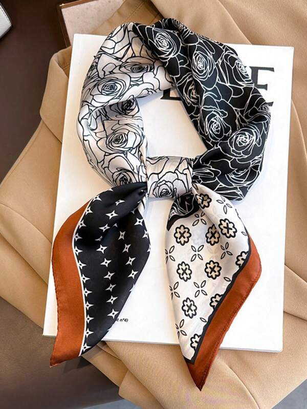 1pc 70cm X 70cm Fashionable Versatile Multifunctional Square Scarf, Elegant Black & White Neckerchief Accessory For Shirt