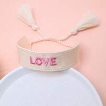 1pc Handmade Embroidered Love Letter Boho Tassel Braided Bracelet - Beige - View 6