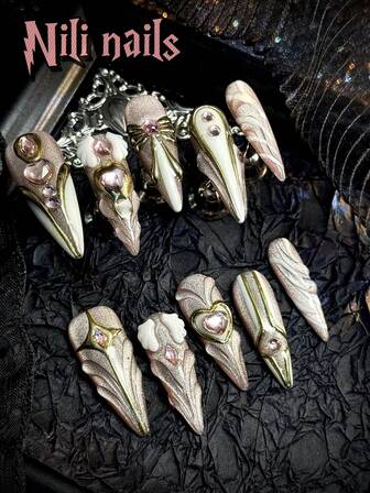 10 piezas de uñas postizas largas de tacón de aguja hechas a mano, suministros de verano e invierno, uñas de ojo de gato rosa, máquina de mariposa hecha a mano, patrón geométrico con alas y diamantes en 3D en forma de corazón, diseño de gota de agua en 3D adecuado para Año Nuevo y Navidad, también adecuado para el uso diario de compras de niñas con 1 almohadilla de gel y 1 lima de uñas