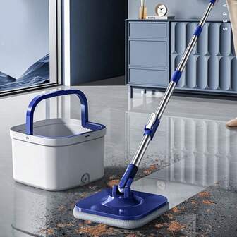 360°旋转拖把和水桶套装，带自动分离污水系统、方形拖把头、可重复使用的超细纤维拖把垫，适用于家庭地板清洁