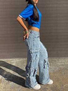 Women's Heavy Craftsman Large Pockets Wide Leg Straight Pants Spring Casual - Light Wash - View 4