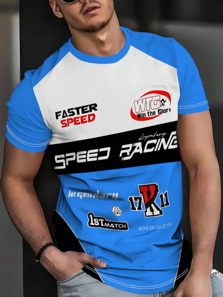 男士新奇印花 T 恤,赛车风格红、白、黑数码印花 T 恤,体现速度与时尚的传奇 - 藍色 - 查看 1