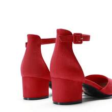 Women's Ankle Strap Chunky Heel Pumps Closed Round Toe Low Block Heels Elegant Simple Wedding Office Party  Dress Shoes - 紅色 - 查看 8