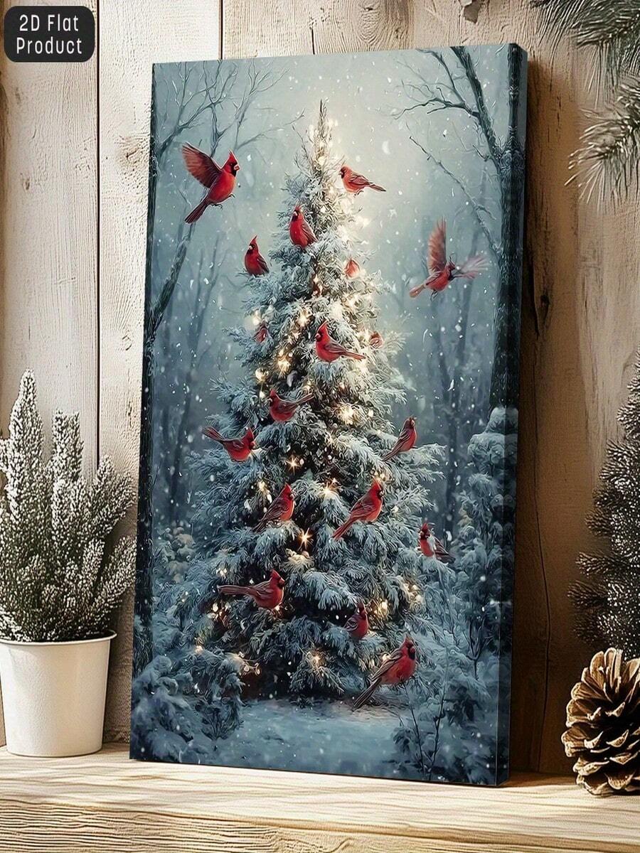 Winter Snowy Christmas Tree With Cardinals And Twinkling Lights Vertical Wood Frame Canvas Print. Framed Wall Art Wrapped Canvas. Winter Scene In White And Red. Elegant Holiday Home Decor For The Living Room, Bedroom, Or Office. A Perfect Christmas Gift For Women Or A Housewarming Present. Durable Wood Frame With Fade-Resistant Canvas. Easy To Hang And Install. Holiday Winter Decor Poster. - 白色 - 查看 1