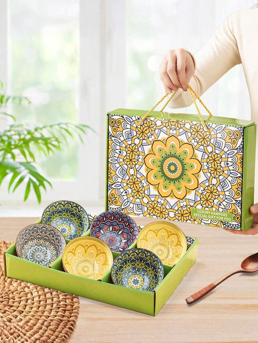 6pcs Premium Ceramic Bowl 10 Oz, Bohemian Style Housewarming Gift Ceramic Bowl Set, 10oz Capacity, Floral Pattern - Perfect Gift For Kitchen & Dining, Multi-Appliance Approved For Microwave, Oven, Freezer & Dishwasher – Vibrant Kitchen Tableware For Cereal, Soup, Salads, Desserts & Snacks - màu xanh lá cây nhạt - Xem 1