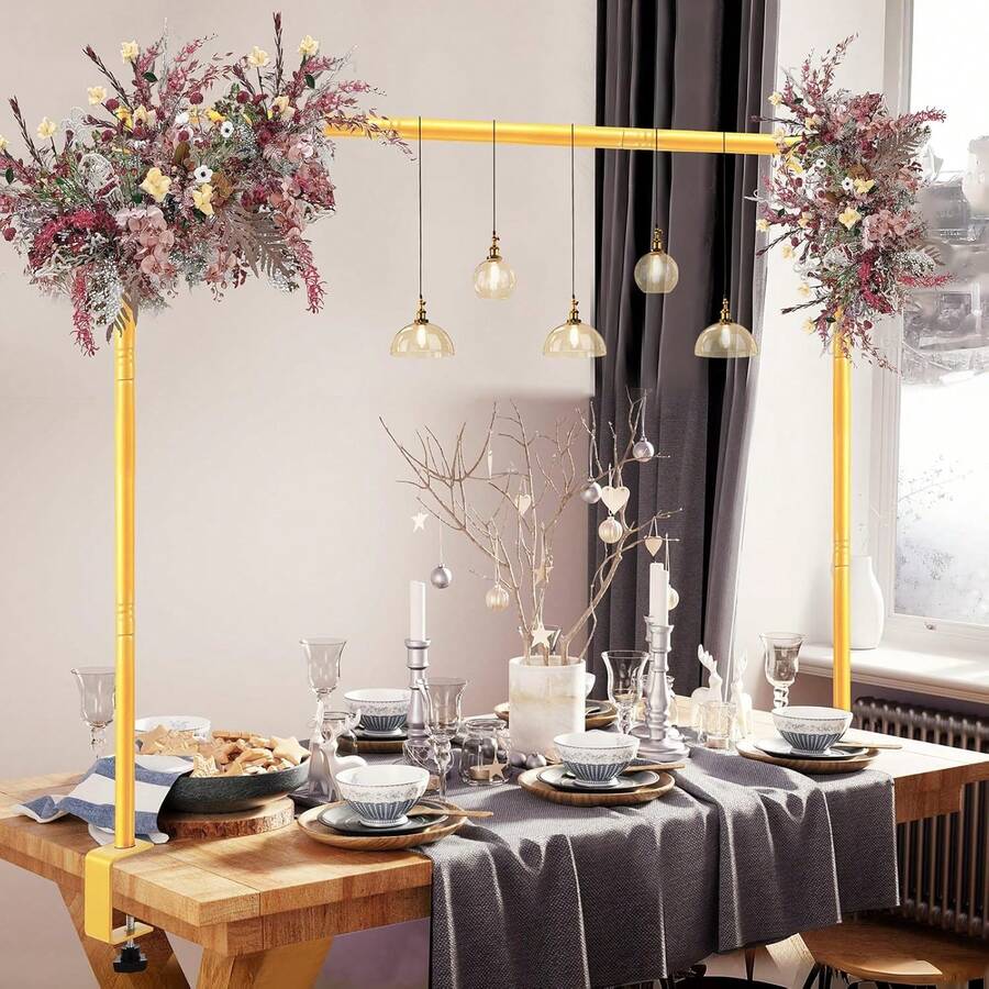 ID IDAODAN Over The Table Rod Stand With Clamps Adjustable 31-110 In Length 31-64 In Height Golden Table Balloon Arch Hanging Stand For Wedding Birthday Party Halloween Christmas Decoration - Gold - View 1