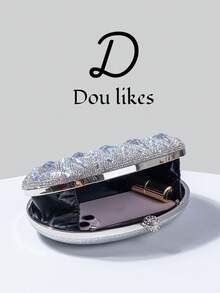 Silver Glitter Luxury Glass Rhinestone Decor Handbag, Compact Clutch, Elegant Evening Bag, Women's Wallet With Metal Chain, Fashion Clutch, Bridal Wedding Purse. Suitable For Party, Wedding, Prom, Formal Dinner/Gala, Perfect Accessory For Women's Prom Dress, Prom Attire, Sequin Dress, Shiny Dress, Women's Elegant Dress