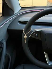 1pc Steering Wheel Decor, 15cm Adjustable Length, Minimalist, Cute, Creative Rosary Bead Car Pendant Accessory, Unique Fashion Car Hanging Decoration - Green Oval Plate + Rhinestone Double Cross - View 5