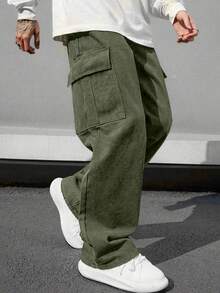 1pc Plus Size Men's Multi-Pocket Solid Color Cargo Pants, Casual Loose Fit For Beach, Vacation, Daily Wear, Sports, Workout, Outdoor, Streetwear, Fitness, Jogging, Straight Leg Trousers, All-Match, Fashionable, Fall