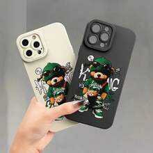 Étui de téléphone doux avec motif d'ours en peluche vert de dessin animé, yeux d'ange, impression UV mate. Protection à 360 degrés pour iPhone 11 12 13 14 15 16 Pro Max XR X/XS 7 8 Plus SE Mini pour smartphone - Noir - Voir 1