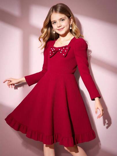Girls' Square Neck Bowknot Puff Sleeve Waist Cinched Dress, Suitable For Halloween And Christmas