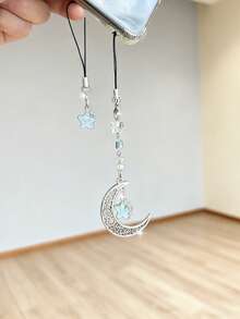 Crystal Moon & Star Hollow Pendant Lanyard, Mini Thin Cord For Phone, Camera, USB Drive - Silver - View 1