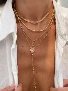 Set de 4 collares con baño de oro de 14k, multicapa, con cuentas y cruces y Virgen María, adecuado para vacaciones, oración,