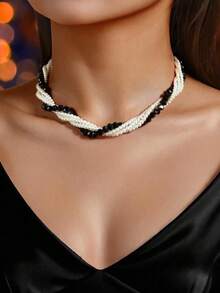 Hegaze 1pc Fashionable Multi-Layer Beaded Wrap Around Colorblock Necklace For Women, Versatile For Daily Wear And Parties