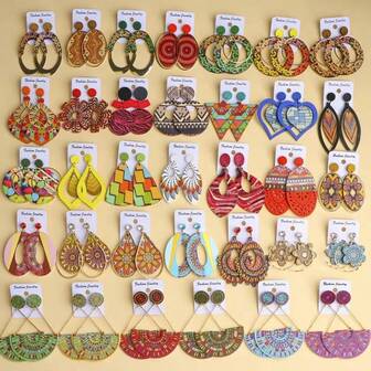 5 对/套彩色印花木质耳环，复古波西米亚风格多件套耳环套装，派对、婚礼、日常佩戴的时尚珠宝礼物，随机发货