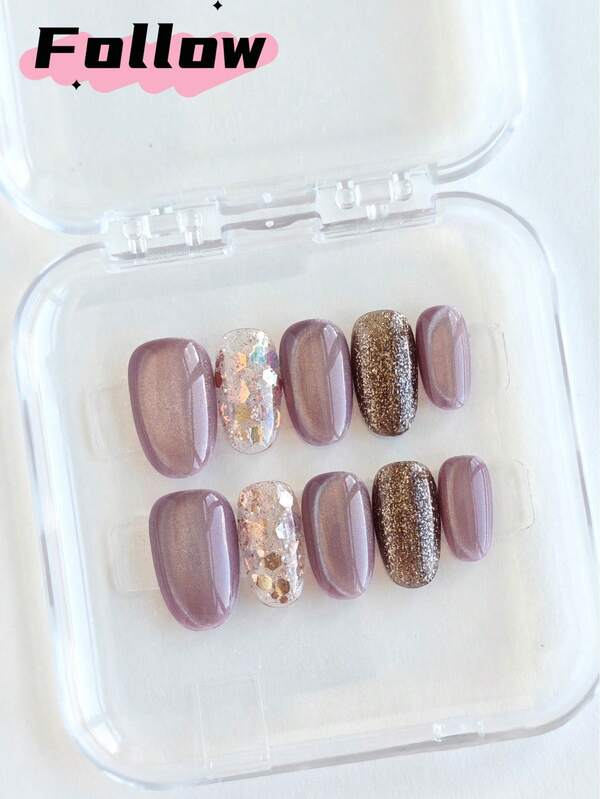 10pcs Purple Cat Eye Short Oval Handmade Press-On Nails,Upgrade Your Look,Nail Supplies,Brown Glittery Colored Sequins Nails,Sweet Style,Cute,Simple Fake Nails,For Women And Girls Fall And Winter Vacation Or Everyday Wear