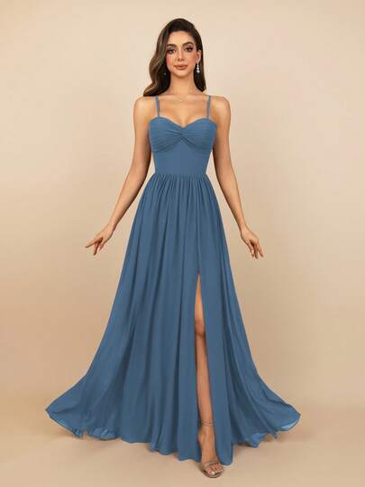 MOEVIO Women's Spaghetti Straps Sweetheart Neck Chiffon Tie Back High Waist Sexy Backless A-Line Maxi Formal Bridesmaid Evening Wedding Guest Party Dress For Spring Summer Graduation Homecoming Gown