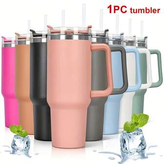 1pc Reusable Stainless Steel Straw Insulated Tumbler - 40oz, Leak-Proof Travel Mug, Reusable Cup For Hot/Cold Drinks, For Travel, Camping, Office (Straw Compatible), Double Wall Vacuum Insulated, With Handle And Straw, Food & Beverage , Insulated Bottle, Tumbler, Cold Cup
