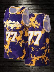 Atonmore Men's 77 Purple Graffiti Embroidered Stitched Basketball Jersey Sleeveless Sports Tank Top Spring Fall - Purple - View 1
