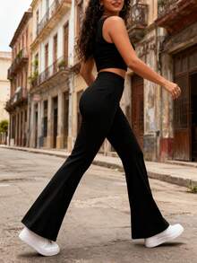 Pantalones acampanados de talle alto para mujer, versátiles, negros, elásticos y de corte ajustado, ideales para salir, hacer yoga y practicar deportes. - Negro - Ver 6