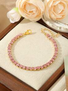 1PC Stainless Steel 18K Plated Zirconia Inlaid Bracelet For Women In French Fashion With Ins Style, Suitable For Parties, Dates, And Office Workers With A Mother Day Gift