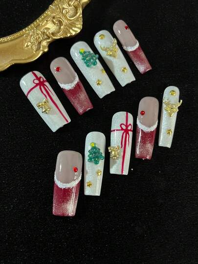 10 piezas de uñas postizas hechas a mano, uñas postizas navideñas, uñas de forma cuadrada, con gemas brillantes y perlas, que incluyen adhesivo de gelatina y una lima de uñas