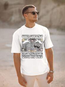 1 pieza 100% algodón manga cortam, Camiseta de manga corta negra de los hombres con Sorry I Can't Talk estoy en el teléfono con mi papá de Halloween esqueleto de impresión, perfecto para la fiesta de Halloween y eventos de disfraces - Blanco - Ver 4