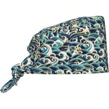 - Gorra de trabajo con banda para el sudor para mujeres y hombres, sombreros de trabajo de limpieza ajustables, gorras quirrgicas de enfermera lazo en la espalda - Onda japonesa azul mar blanco - Ver 2