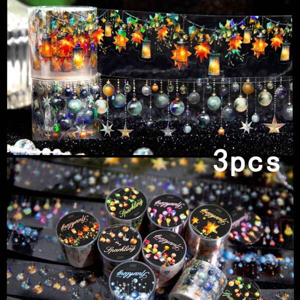 3 piezas de cintas washi decorativas con diseños de estrellas y temas de iluminación con lámina de oro, cintas decorativas de PET para envolver regalos de Navidad