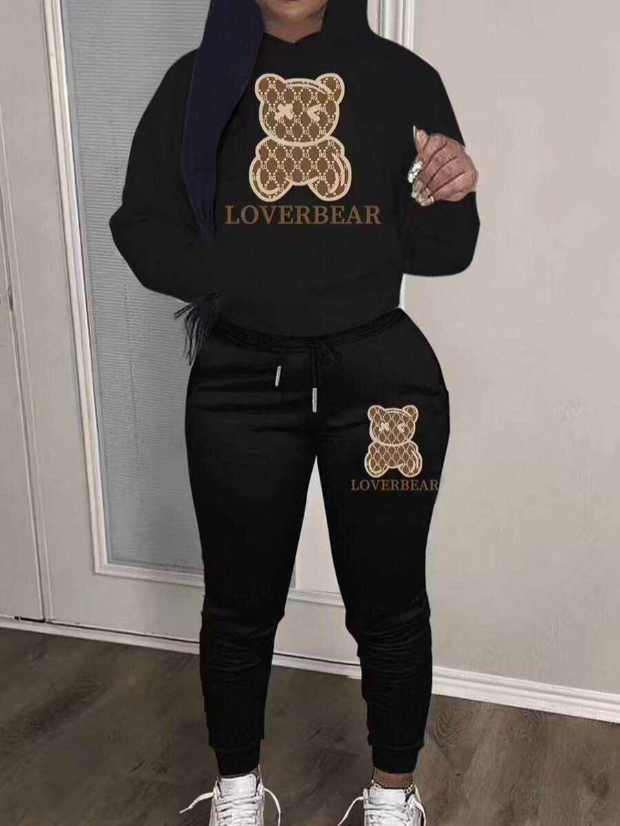 Conjunto set 2 piezas dama mujer casual sudadera cuello redondo gráfico pecho pants jogger cintura elástica ajustable cordones cómodo calientito otoño invierno moderno estampado oso osito teddy monograma letras love bear - Negro - Ver 1