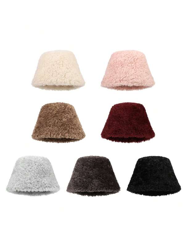 قبعة دلو من الفرو الاصطناعي قطعة واحدة، لون سادة دافئ وبسيط، مناسبة للسفر الشتوي والخارجي والاستخدام اليومي والتجمعات والهدايا