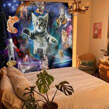 [1pc Cosmic Cats Tapestry] Cosmic Space Cats Tapestry, 1pc | Indoor Party Decor, 85gsm Polyester Peach Skin Velvet | Vibrant Galaxy & Planet Design For Living Room Or Bedroom Wall Hanging - 彩色 - 查看 2