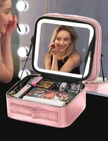 Bolsa De Maquillaje De Viaje Con Luz Led Y Espejo,Neceser Organizador De Cosméticos - Rosa - Ver 2
