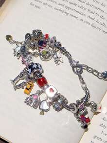 Travel Series Charm Bracelet, Vintage Travel Pendant Bracelet, Adjustable Classic Fashion Bracelet With Coffee Suitcase Charm, Gift For Friends - 銀色 - 查看 4