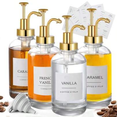 NYEDINNO Accesos para Barra de Cafe Dispensador de Jara para Cafe 4 Piezas Accesos para Cafeteria Dispensador de Jara con 36 Etiqus 500 ml ParaCafeteria Pub ogarPump Dispensers