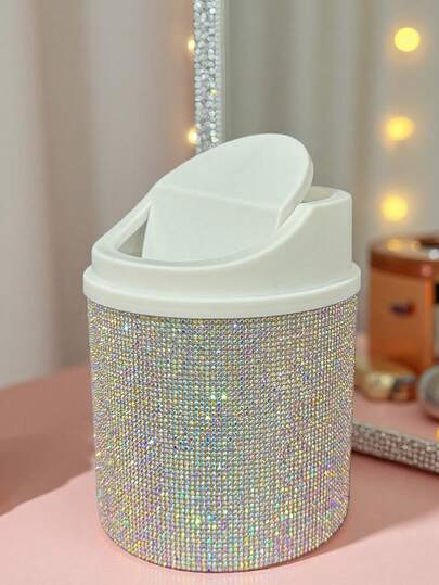 1 pezzo Portarifiuti da scrivania decorato con cristalli, coperchio rotante, organizer da scrivania adatto per toeletta, camera da letto, ufficio, brilla alla luce del sole